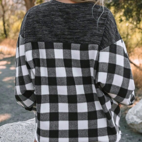 Black and White Casual Womens Buffalo Plaid Print Drop Shoulder Sweatshirt - Picture 2 of 4